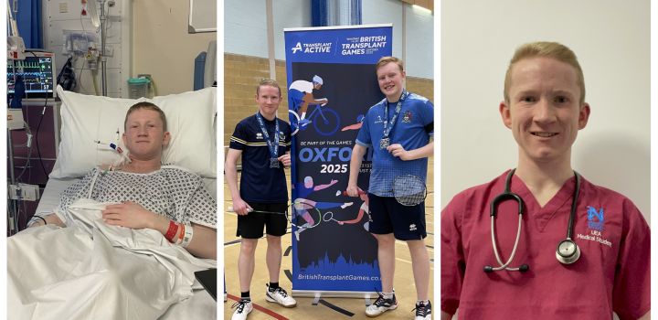 Three images show UEA medical student Alex Gibbs, in hospital after his transplant, in his badminton kit at the British Transplant Games and in his medical scrubs.