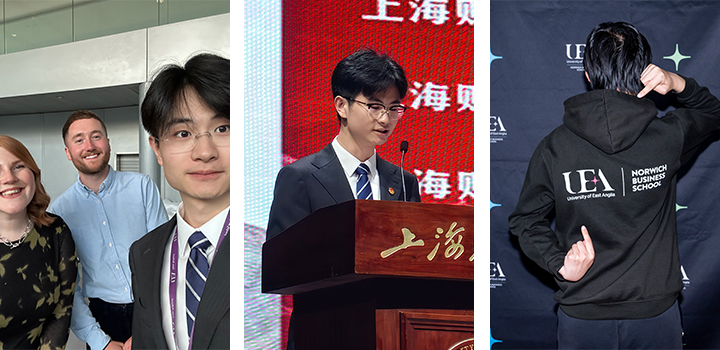 Three images of Bowen Deng (the left image is with two other people)