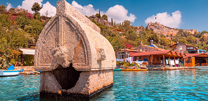A partially submerged ancient tomb.