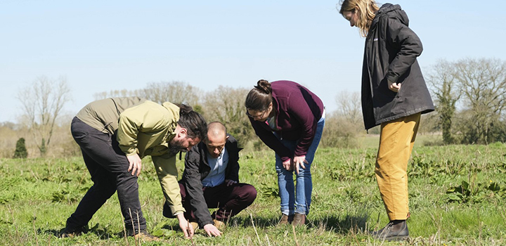 A group of people inspecting farmland