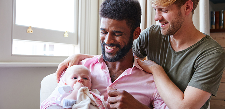 Two adoptive fathers with their baby