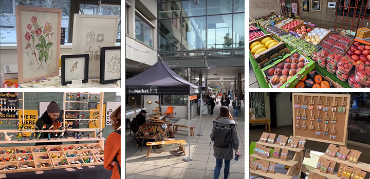 Spring Street Market L-R: floral prints, crafter birds, The Street with visitors, fruit and vegetables, jewellery stall