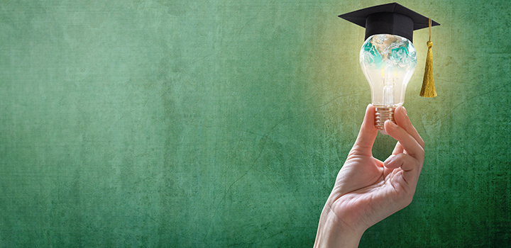 A hand holding up a lightbulb with a graduation cap on, green background