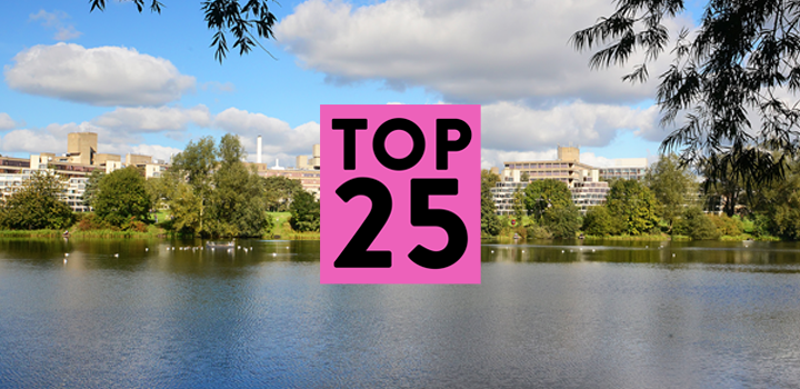 Top 25 graphic in pink, UEA Broad in background