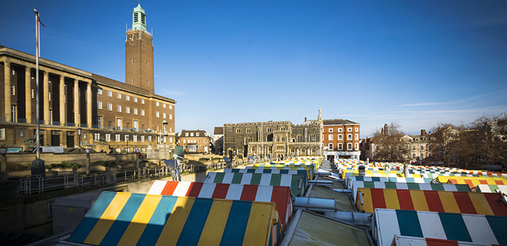 view of Norwich city centre buildings and rooftops of the market