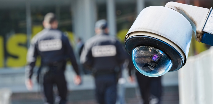 Security CCTV camera with military personnel in background