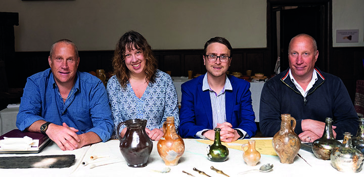 Left to right: Julian Barnwell, Prof Claire Jowitt, Dr Ben redding and Lincoln Barnwell with some of the finds from the wreck of the Gloucester